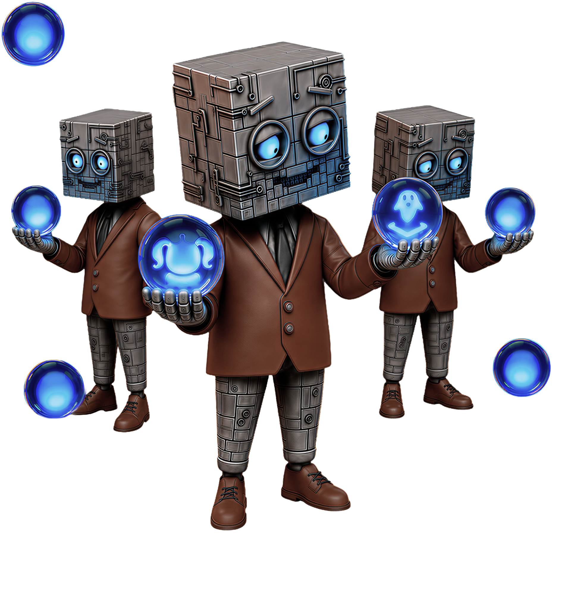 Three Acki Nacki characters in brown suits, each holding a glowing blue orb